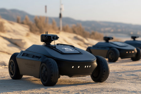 Robotic vehicles are navigating through a sandy landscape under a beautiful sunset sky.の写真素材