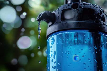 A blue water container sits amid greenery, glistening with water droplets in bright daylight.の写真素材