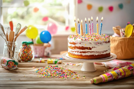 A decorated birthday cake with vibrant candles is placed on a table surrounded by colorful party items.の写真素材