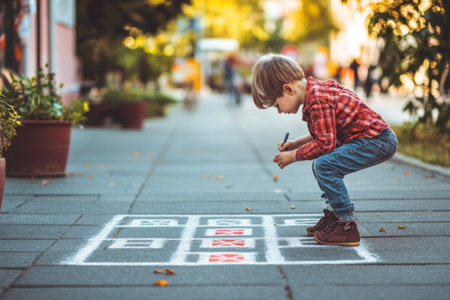 A young boy dressed in a plaid shirt concentrates while playing hopscotch on the sidewalk.の写真素材