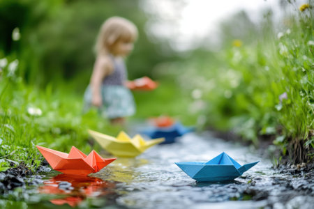 A young child in a blue dress enjoys placing paper boats into a small creek on a sunny day outdoors.の写真素材