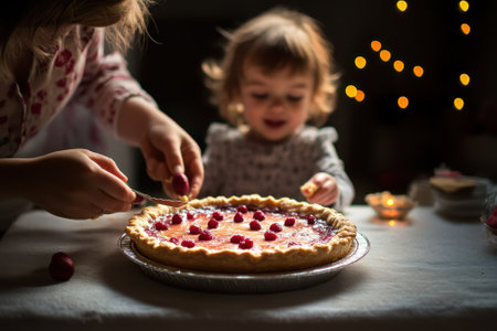 A child eagerly helps an adult decorate a pie with fresh berries in a warmly lit kitchen.の写真素材