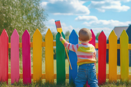 A young child joyfully paints a vibrant fence with bright colors under a clear blue sky.の写真素材