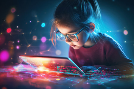 A child wearing glasses focuses intently on a vibrant tablet screen, surrounded by glowing effects.の写真素材