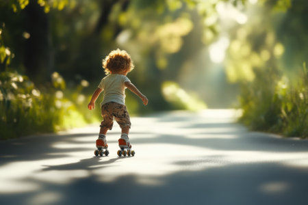 A young child skates on a smooth path, illuminated by sunlight filtering through trees during the afternoon.の写真素材