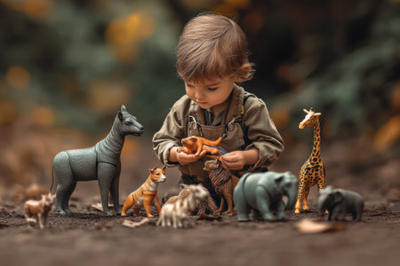 A young child examines animal figurines surrounded by real plants and autumn foliage in a serene environment.の写真素材