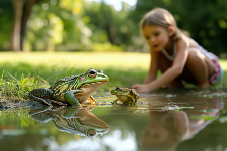A young girl watching two frogs by a peaceful pond surrounded by lush greenery on a sunny afternoon.の写真素材