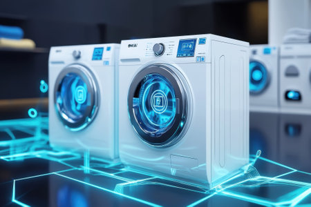 High-tech washing machines utilize innovative features in a stylish and contemporary laundry setting.の写真素材