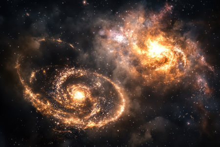 Two radiant spiral galaxies collide in the vastness of space, creating a spectacular cosmic display of energy and light.の写真素材