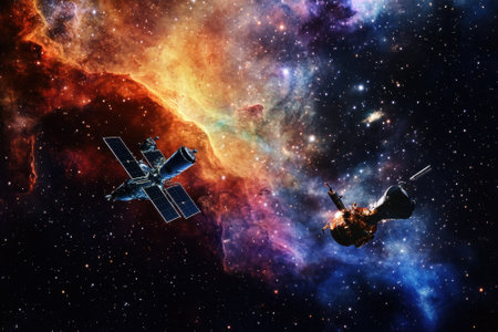 A satellite and a planetary probe navigate through an expansive, colorful cosmic nebula filled with stars.の写真素材