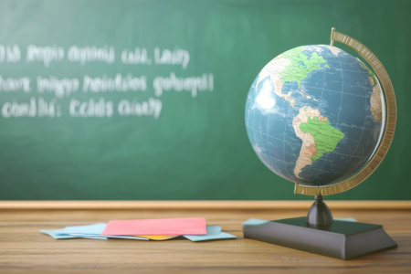 A globe sits on a wooden desk in a classroom, surrounded by colorful paper sheets and a chalkboard in the background.の写真素材