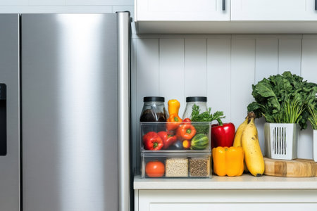Colorful vegetables and fruits are neatly arranged on a kitchen counter next to a refrigerator, promoting healthy eating.の写真素材