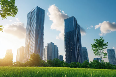 Sunlight illuminates the skyline as skyscrapers tower over a verdant park with trees and grass.の写真素材