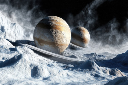 Two large planets with swirling atmospheres and rings are set against a cold, icy surface in space.の写真素材
