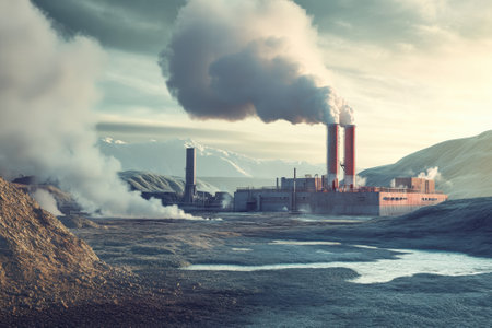 Large industrial complex emits smoke into the sky while surrounded by hills and water bodies in daylight.の写真素材