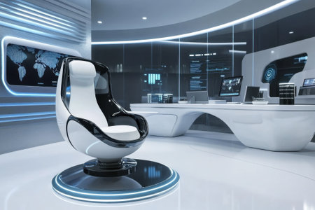 A high-tech workspace features a stylish chair and multiple computer screens displaying data and graphics.の写真素材