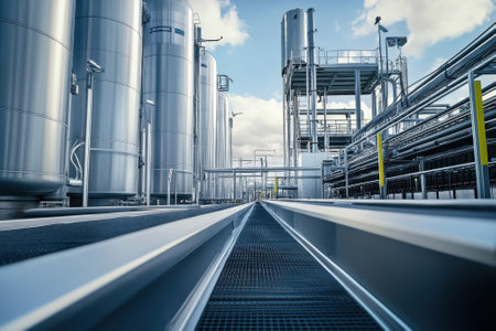 Large metallic storage tanks and pipelines create an industrial landscape under a clear blue sky with scattered clouds.の写真素材