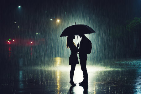 In a quiet city street at night, a couple shares a romantic moment, sheltered under an umbrella while it rains.の写真素材