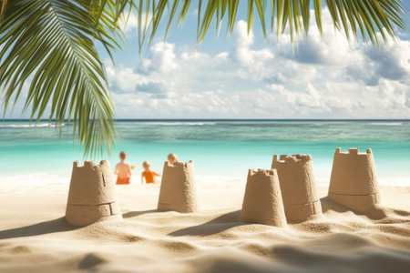Children and adults play by the shoreline, while sandcastles stand proudly on the golden sand.の写真素材