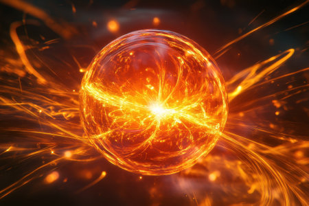 A glowing orb radiates intense energy with swirling fiery particles in a dark background setting.の写真素材