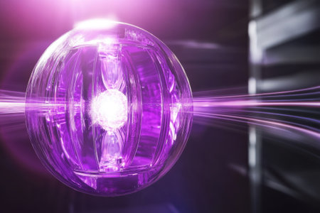 A glowing energy ball radiates purple light, showing electrical arcs in a darkened space.の写真素材