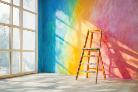 A vibrant wall painted in gradient colors stands next to a ladder in a well-lit interior space.の写真素材