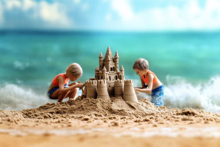 Two kids work together to create a detailed sandcastle on a beach while enjoying the ocean waves.の写真素材