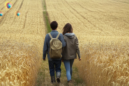 Two people stroll hand in hand down a path lined with tall wheat under a bright blue sky.の写真素材
