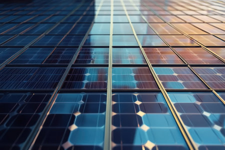 Solar panels cover the facade of a contemporary building, capturing sunlight during a clear day in the city.の写真素材
