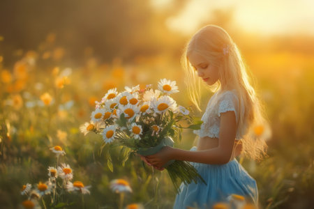 A young girl stands in a vibrant field of flowers, holding a bouquet of daisies as the sun sets.の写真素材