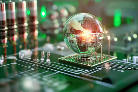 A circuit board showcases a glowing globe, symbolizing the integration of technology and global communication.の写真素材