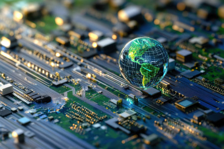 A digital globe depicting the Earth rests atop a circuit board, highlighting technology's global impact.の写真素材