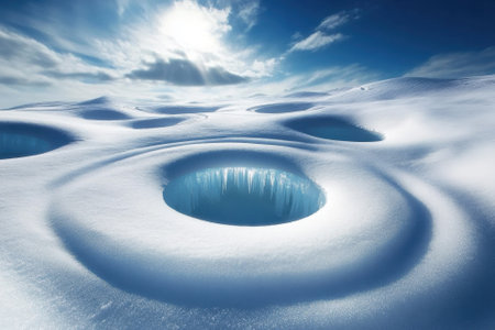 Intriguing circular holes in the snow reveal blue ice beneath, illuminated by sunlight in a serene winter setting.の写真素材