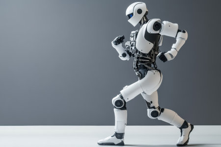 A humanoid robot is shown running, showing its joint articulation and design features against a minimalist backdrop.の写真素材