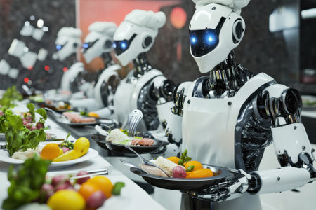 Futuristic robots prepare and serve meals in a modern restaurant kitchen filled with fresh ingredients.の写真素材