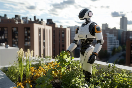 A robotic gardener works on a rooftop garden, cultivating plants under a bright sky in an urban environment.の写真素材