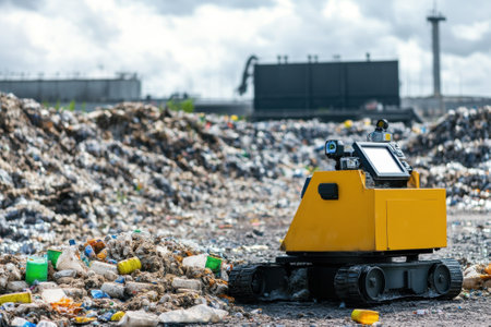 A robotic vehicle moves through littered garbage at a waste management facility on an overcast day.の写真素材