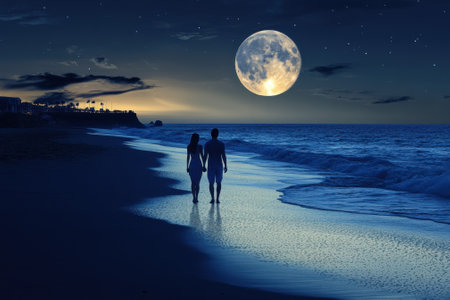 A couple strolls hand in hand along the shoreline at night, illuminated by a bright full moon.の写真素材