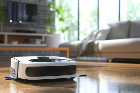 A robotic cleaner moves across a polished wooden floor in a contemporary home setting filled with natural light.の写真素材