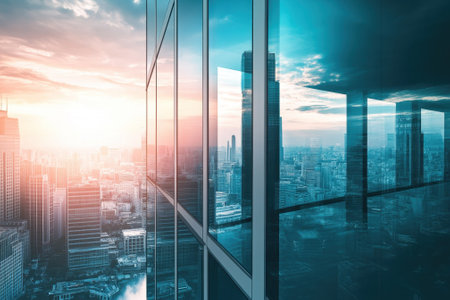 A stunning sunset casts vibrant colors on high-rise buildings, creating reflections on glass surfaces.の写真素材