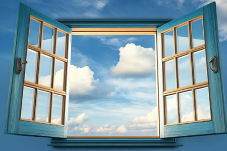 Brightly colored window is open to reveal a clear blue sky adorned with fluffy clouds, enhancing the airy ambiance.の写真素材