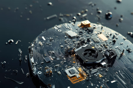 A highly detailed circuit board is submerged in liquid, showing electronic components and reflections.の写真素材