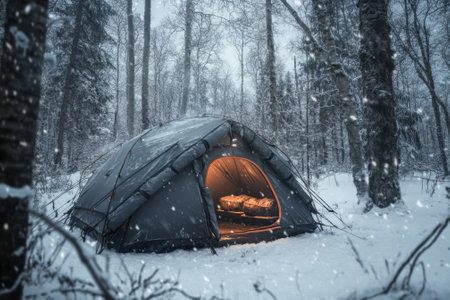 A warm tent glows in the snowy wilderness, nestled among tall trees during a winter evening.の写真素材