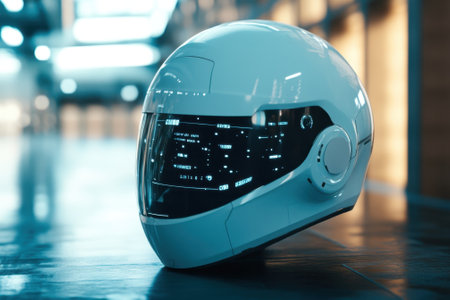 A sleek, white helmet sits on a surface in a brightly lit contemporary environment, showcasing advanced technology.の写真素材