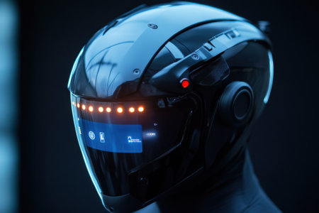 High-tech helmet features illuminated displays and sleek design, showcasing innovation in headgear technology.の写真素材