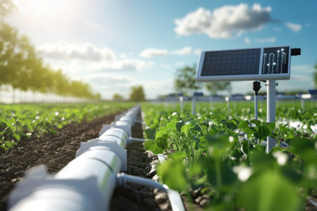 Modern farming utilizes solar panels and efficient irrigation systems on a sunny day in a vibrant field.の写真素材