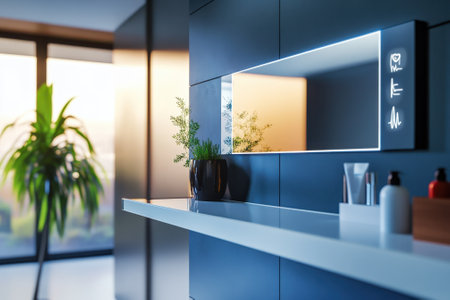 A contemporary bathroom showcases a smart mirror, stylish toiletries, and greenery, emphasizing elegance and simplicity.の写真素材