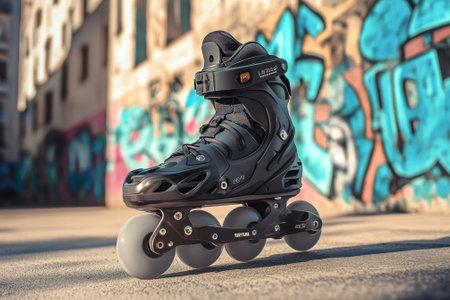 Black inline skates rest on the pavement, showing detailed features against vibrant urban graffiti.の写真素材