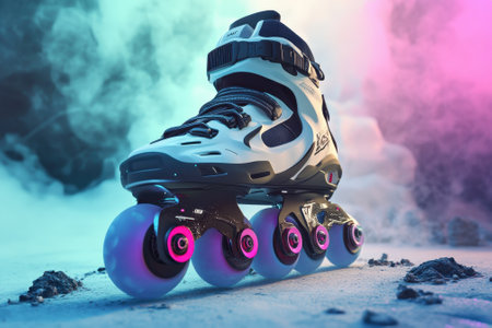 A roller skate on display, encircled by colorful smoke, creates a vibrant, energetic vibe.の写真素材