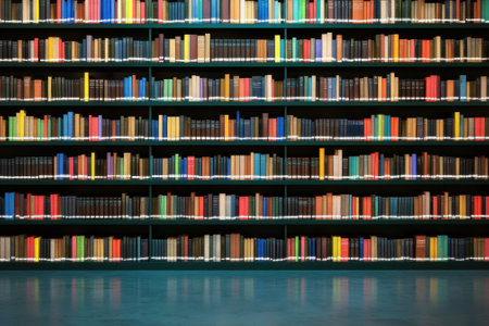 Rows of vibrant books cover shelves in a neatly arranged library, inviting exploration and reading.の写真素材